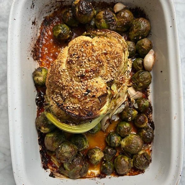 Miso Brussel Sprout and Cauli Bake