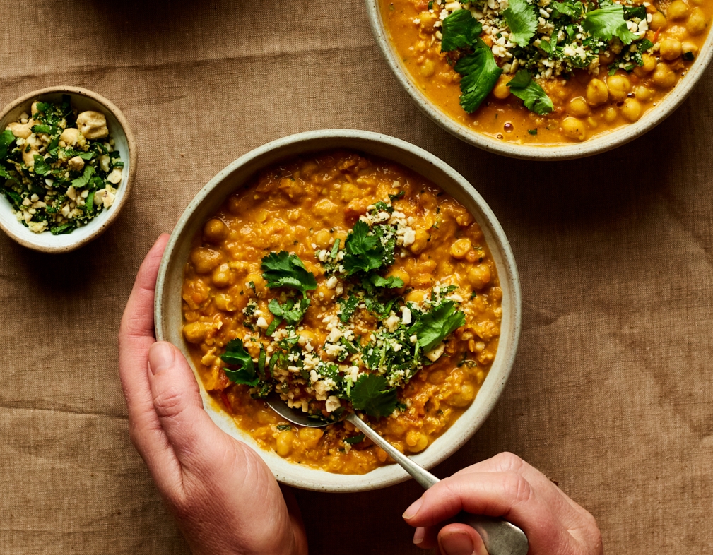 Lemon & cardamom dal with cashew & chilli topping
