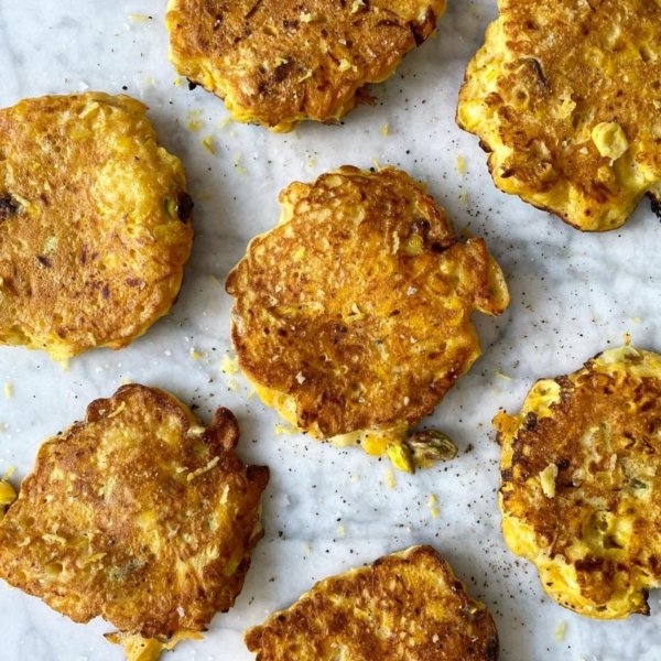 Butternut squash fritters with pistachios and sweetcorn