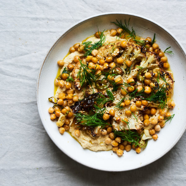 Cauliflower Steak with roasted chickpeas, butter bean hummus and dill