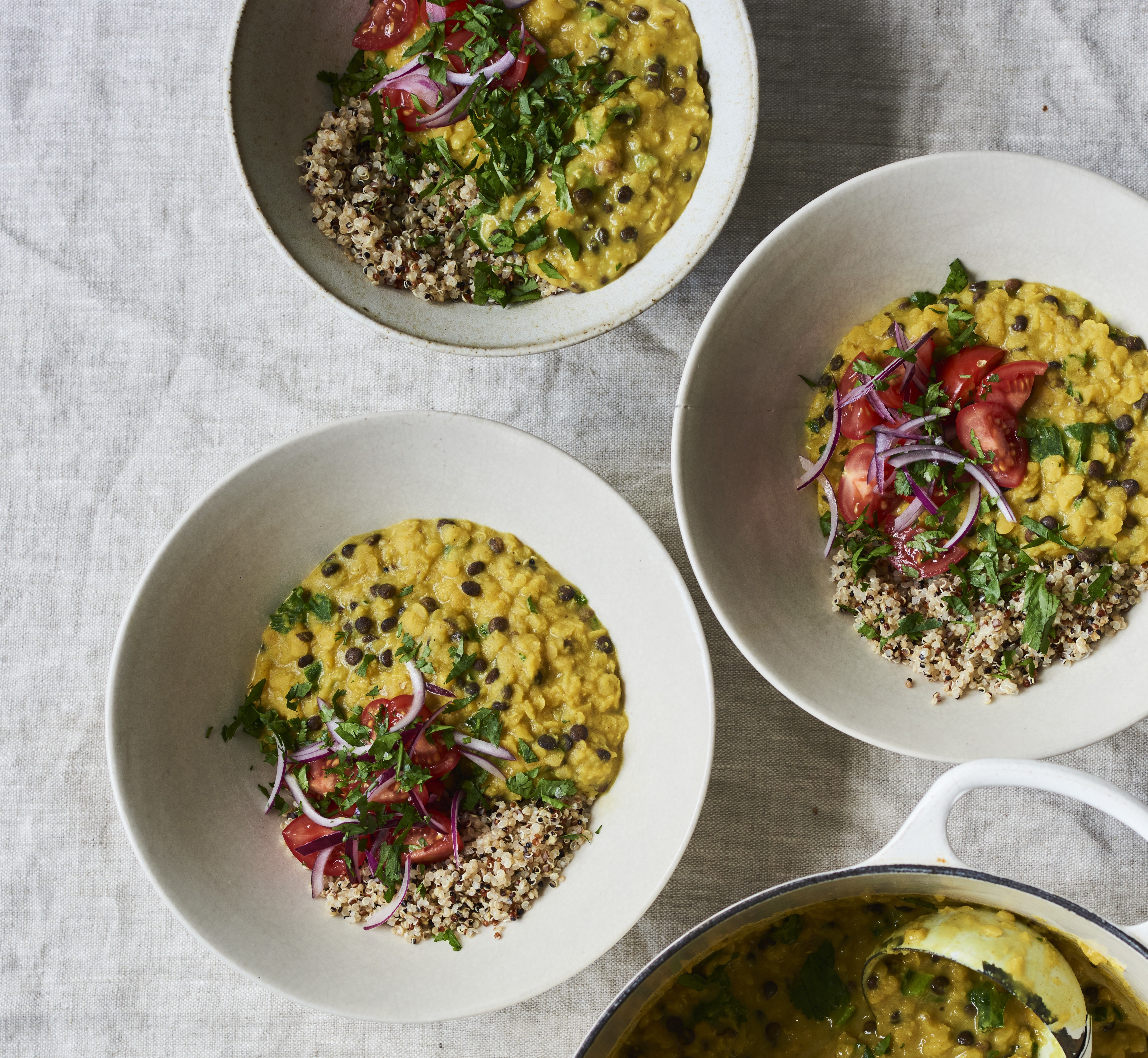 Red & puy lentil dal with tomato & onion salad