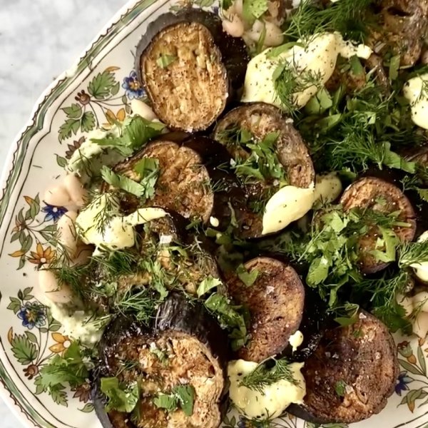 Roasted aubergines with a herby bean dip