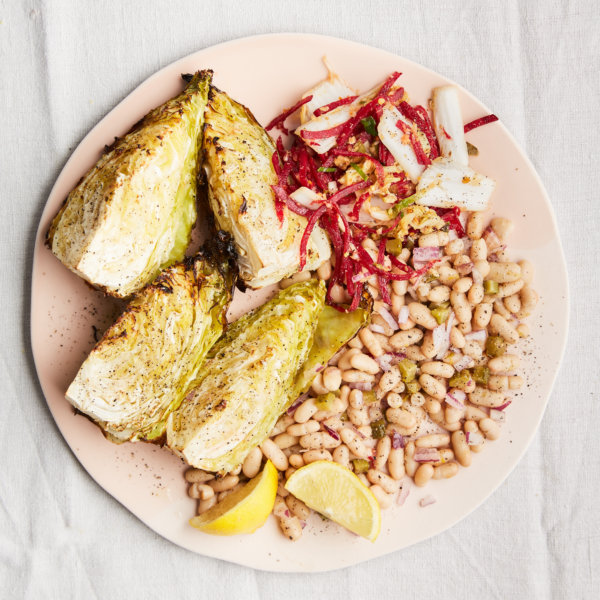 ROASTED HISPI CABBAGE & BEAN SALAD WITH QUICK KIMCHI