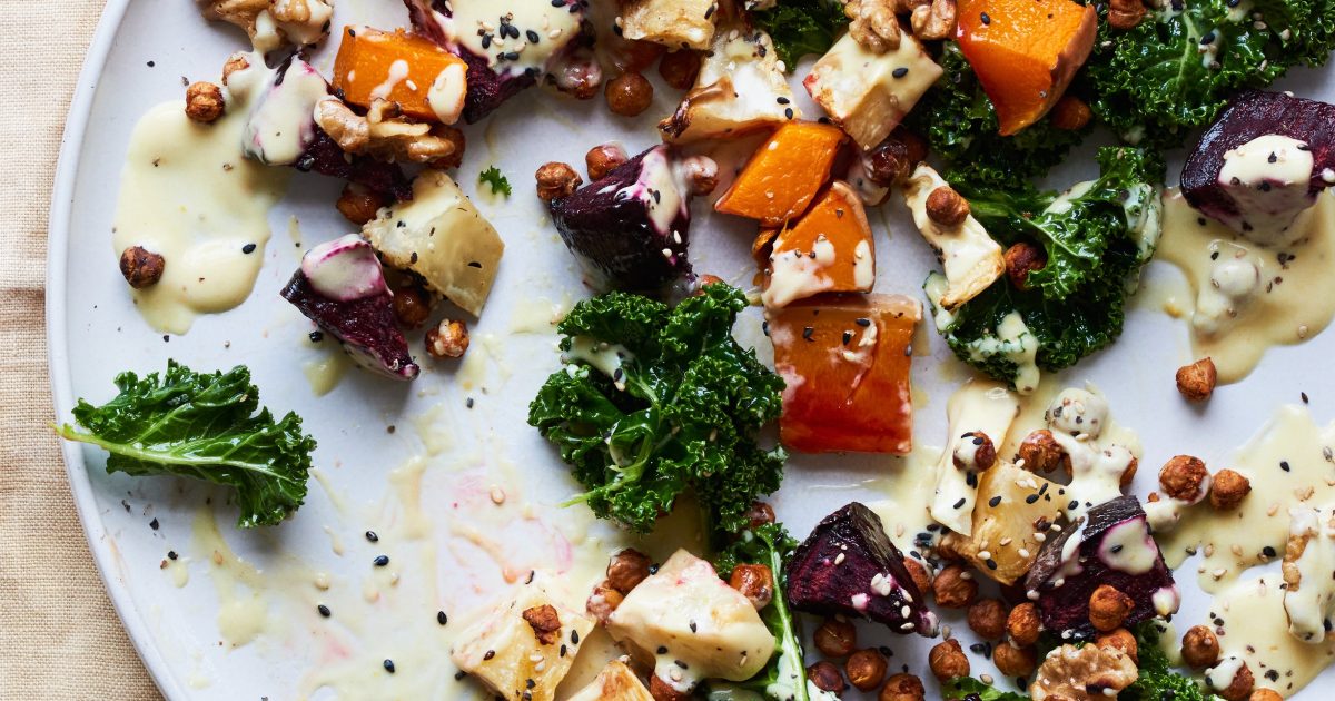 Roasted Root Veg Salad with MisoAlmond Butter… Detox Kitchen
