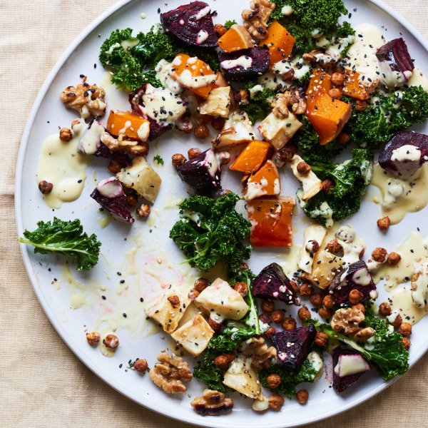 Roasted Root Veg Salad with Miso-Almond Butter Dressing