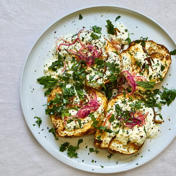 Tamari and lime celeriac with a herby yoghurt sauce