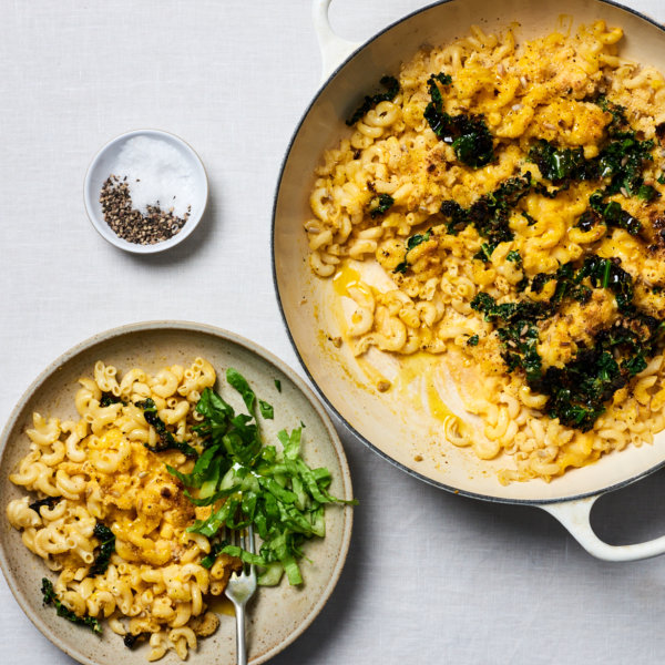 Squash Mac and Cheese with winter greens