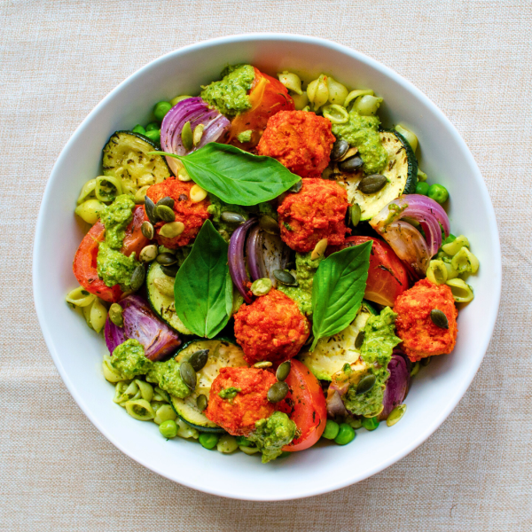 Pesto Pasta with Chicken Meatballs