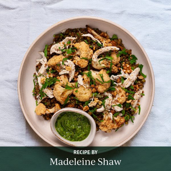 Roasted Cauliflower and Spiced Lentils with Chicken and Salsa Verde