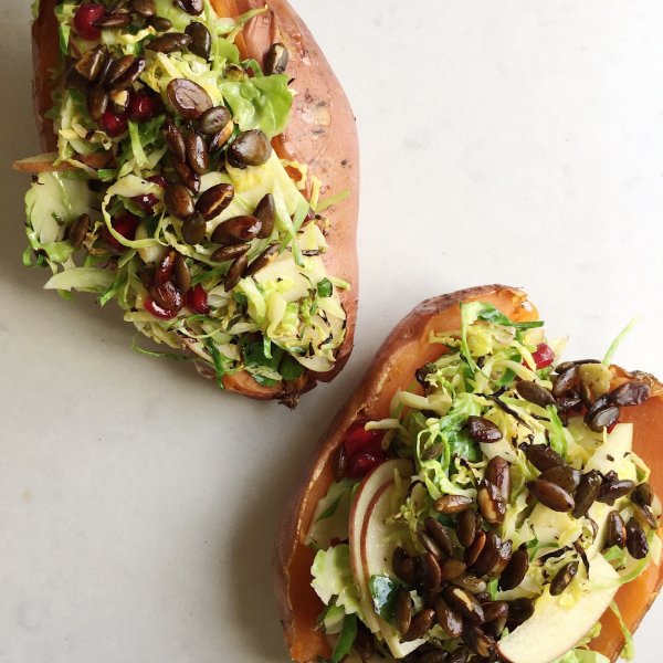 Baked sweet potatoes with shaved Brussels sprouts salad