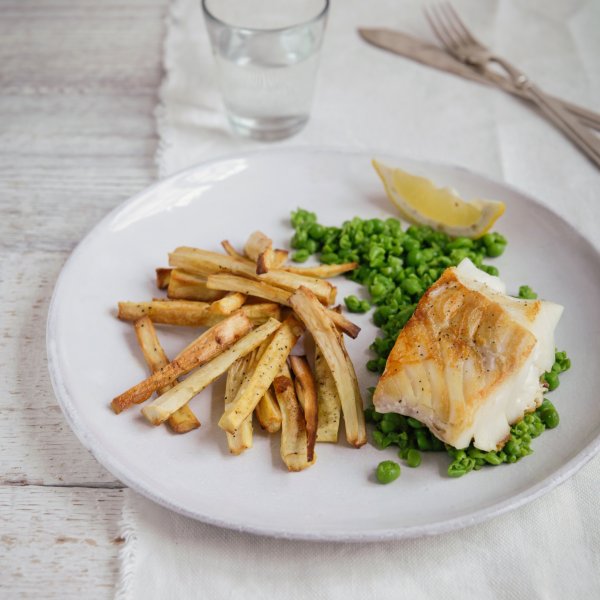 Roasted Pollock with Parsnip Chips and Mushy Peas
