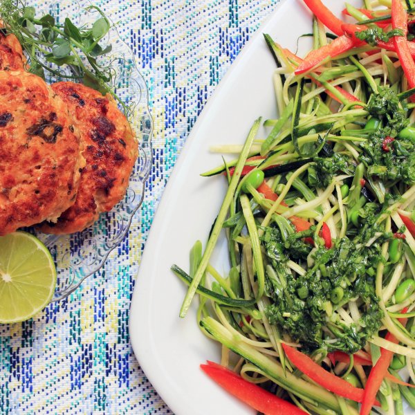 Salmon Burgers with Courgette salad