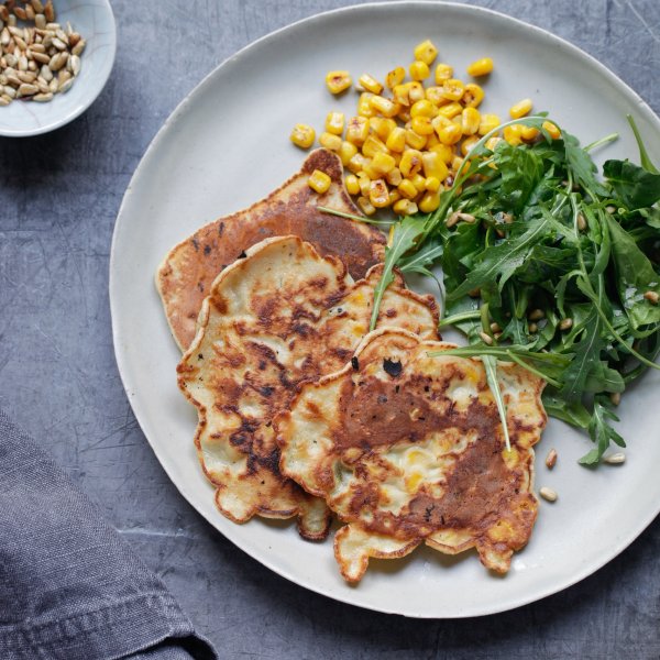 Sweetcorn Fritters with Chopped Spinach and Sunflower Seed Salad